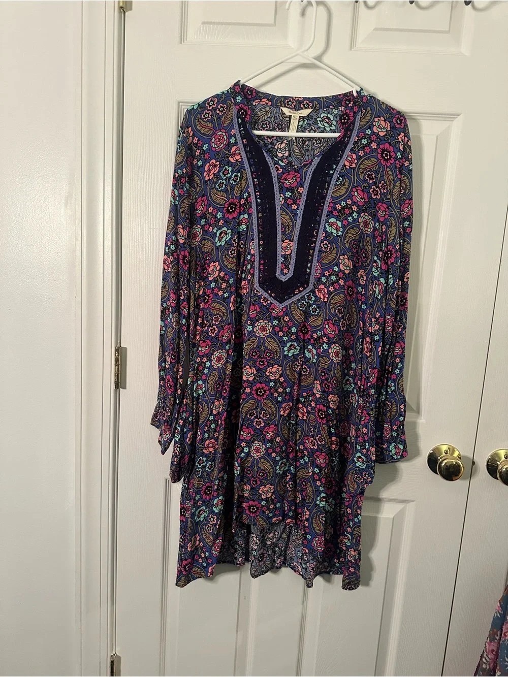 Boho Floral Paisley Tunic Dress - Navy with Pink & Teal Accents